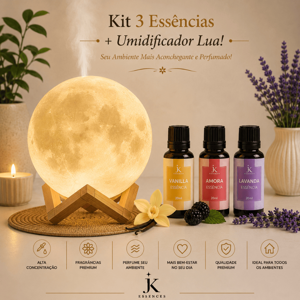 Umidificador de Ar e Luminária Lua LED Aromatizador + 3 Óleos Essenciais 3em1 Difusor de Ar