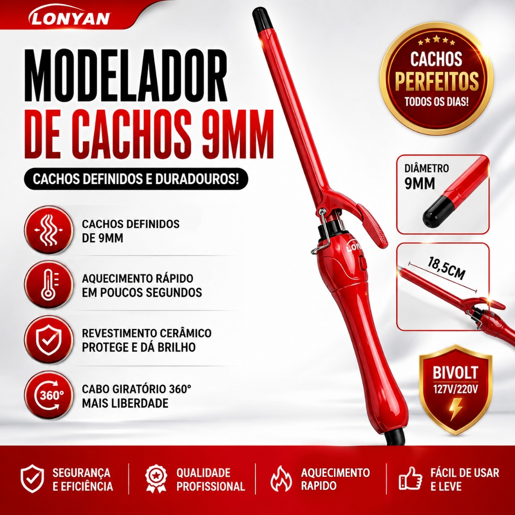 Modelador Cachos 9mm Cerâmico Íon Negativo Bivolt 127V 220V LONYAN Mini Tourmaline Profissional Desligamento Automático