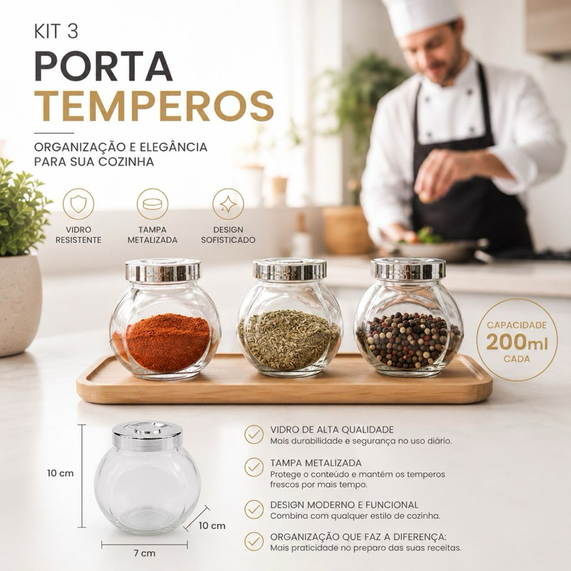 Kit 3 Pote Baleiro Vidro Porta Temperos Vidro com Tampa Prata 200ml Lyor - Temperos, Cozinha, Casao