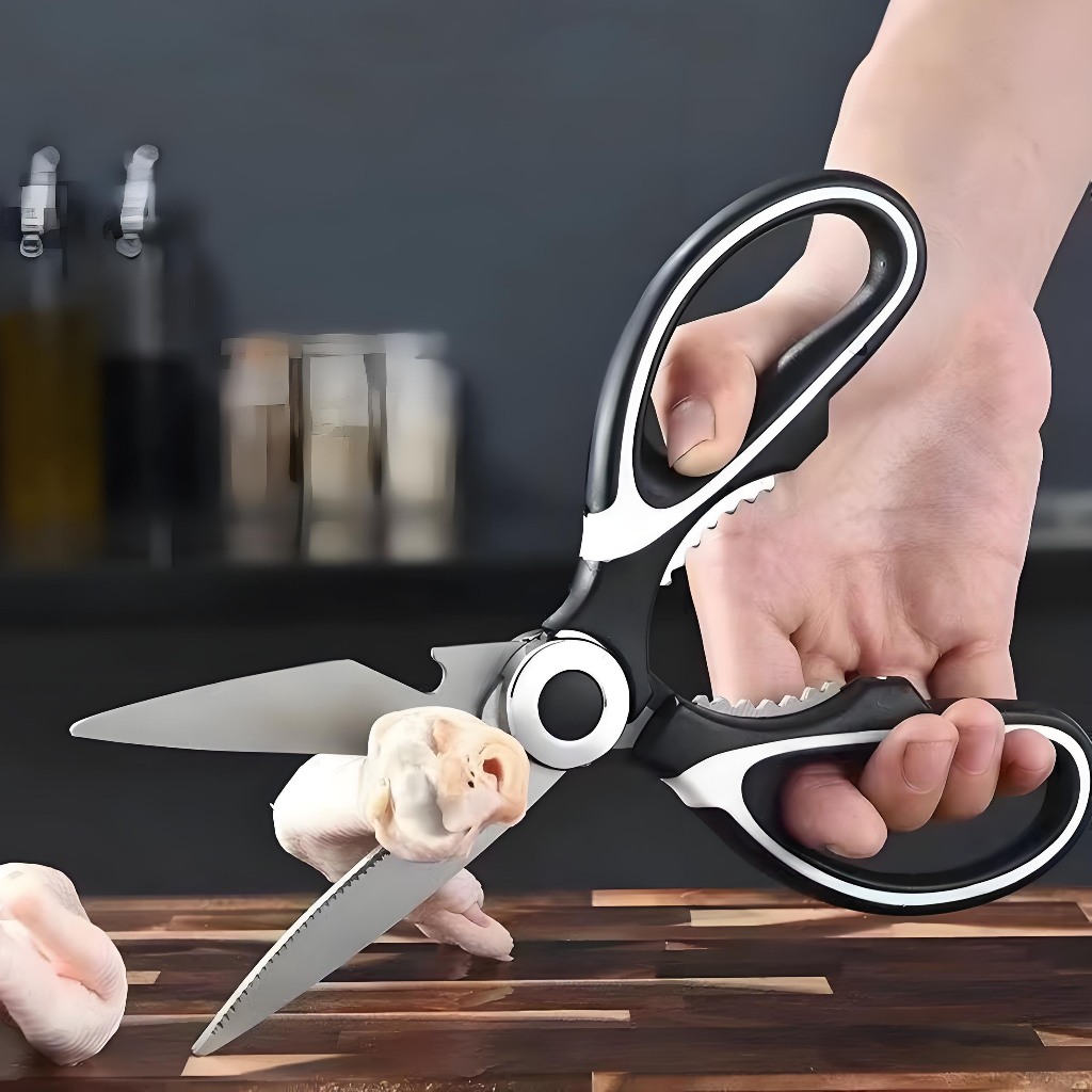 Tesoura de Cozinha Multiuso Aço Inox -Corta Carnes, Ossos e Abre Nozes e Garrafas, Não Enferruja