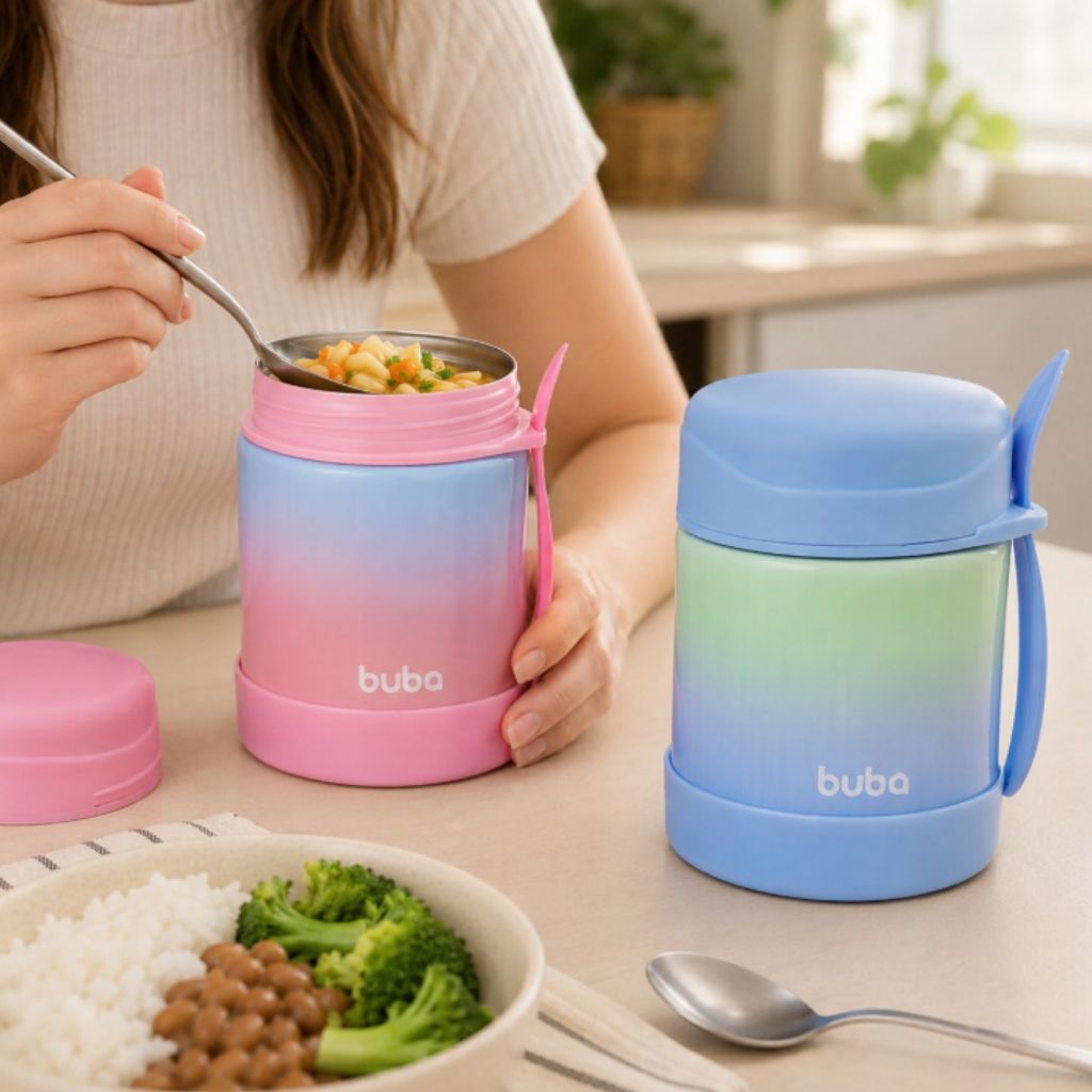 Pote Térmico Infantil Inox Parede Dupla 320ml com Talher Buba +6 Meses