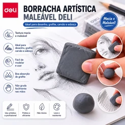 Borracha Artística Maleável Deli para Desenho Grafite Carvão e Esboço Cinza