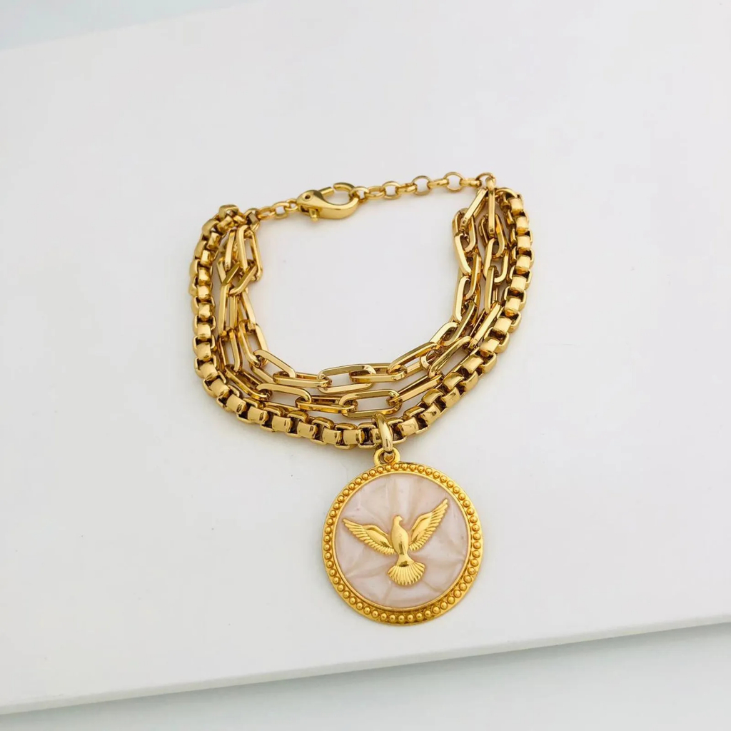 PULSEIRA VERNIZ ITALIANO CATRACA MISTA COM PINGENTE ESPIRITO SANTO RESINA DOURADO
