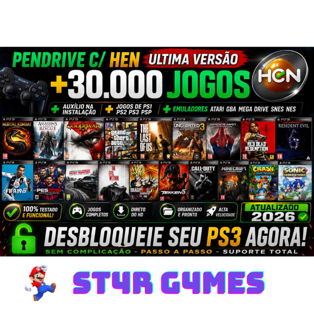 PENDRIV C/ DESBLOQUEIO PS3 HEN + 30,000 JGS + EMULADORES + TUTORIAL