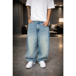 Calça balão baggy jeans super premium original reta boca larga masculina plus size dazzling azul envelhecido