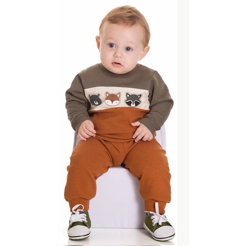 CONJUNTO MASCULINO CASACO MOLETOM / CALÇA MOLETOM CANELADO COTELÊ RANDA MUNDU BEBE MENINO INVERNO REF 10458 P M G