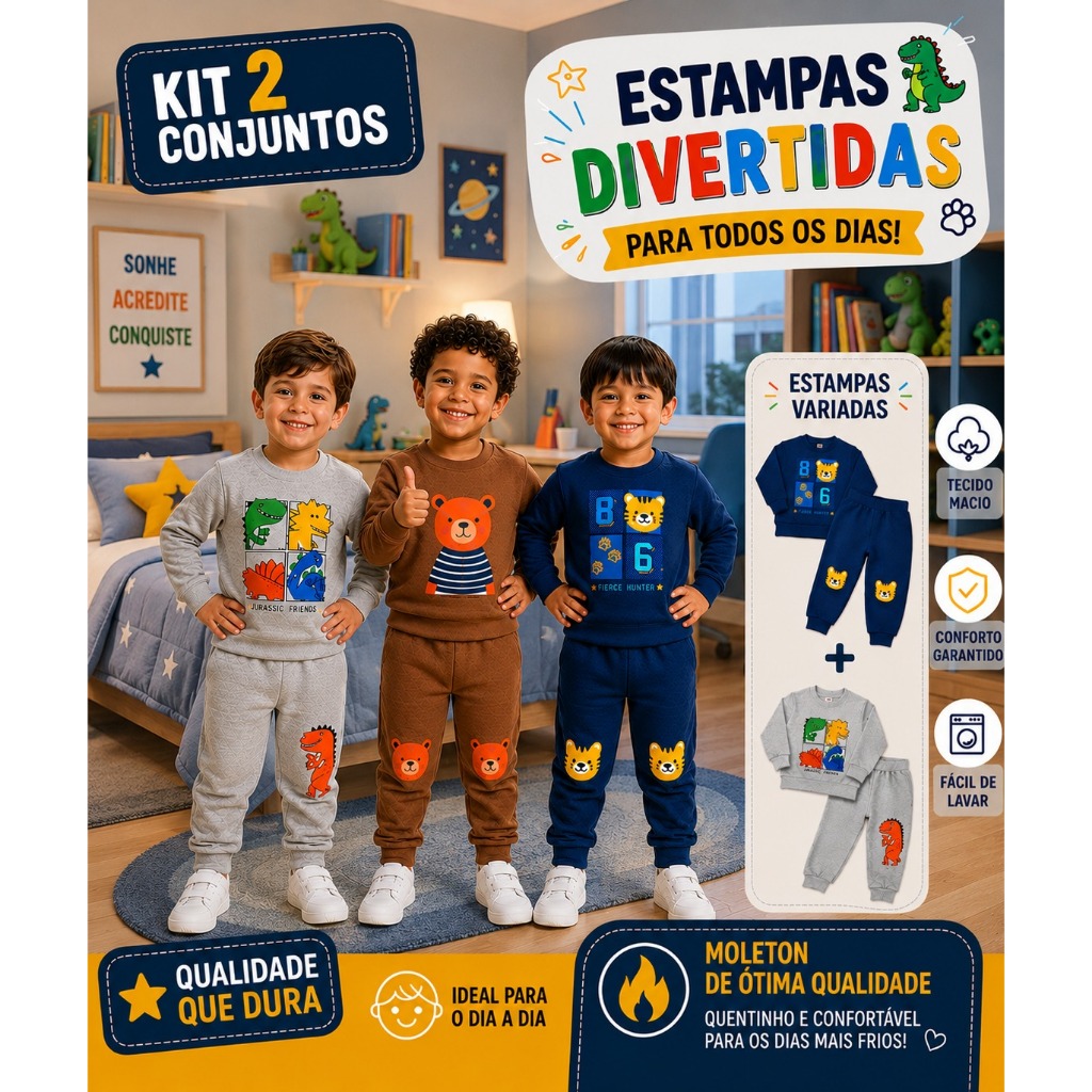 Kit 2 conjuntos com Blusa e Calça Moleton Infantil Menino Estampas e Cores sortidas