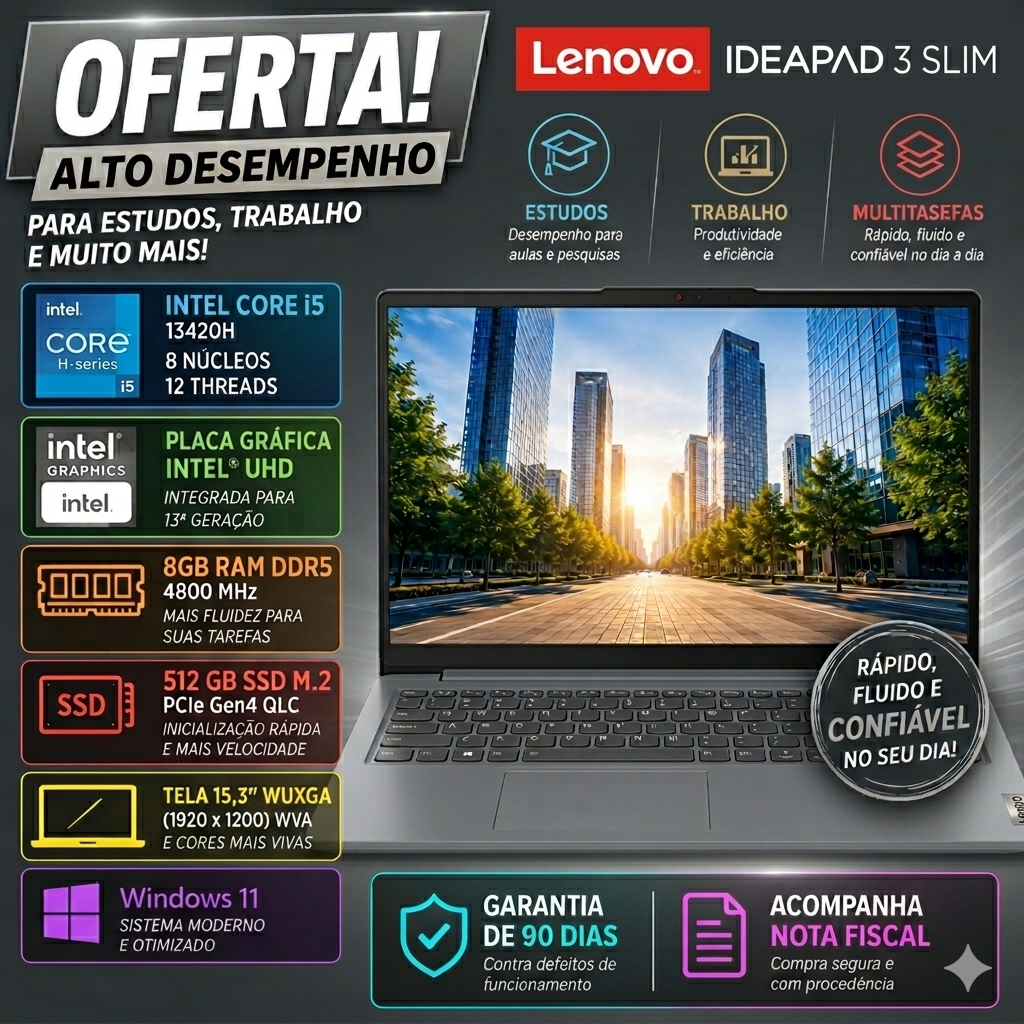 NOTEBOOK LENOVO IDEAPAD 3 SLIM / I5 13420H  / 8GB RAM DDR5 / 512GB SSD NVME / 15,3" FHD+ / W11