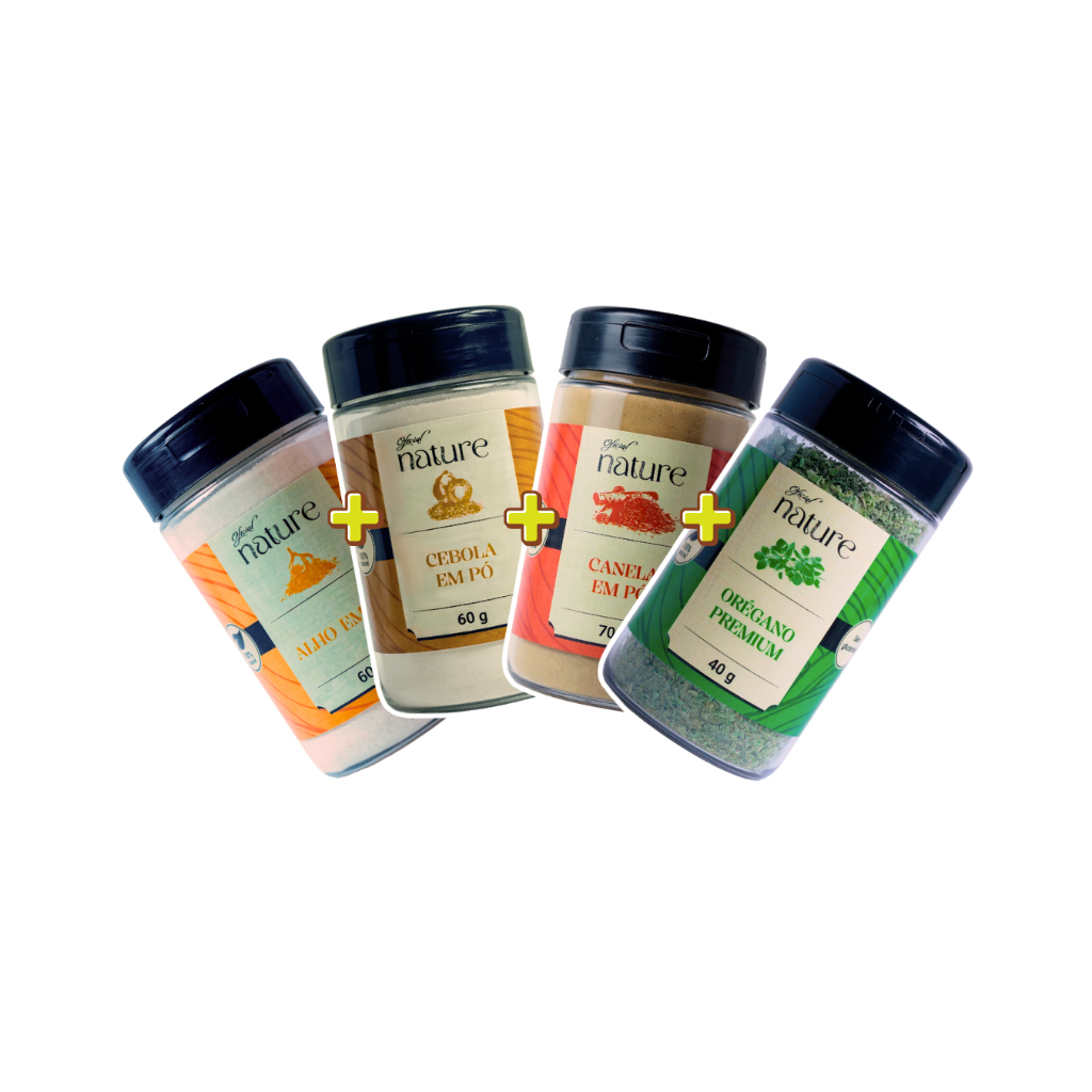 Kit Temperos Essenciais 4 Potes - Cebola em Pó + Alho em Pó + Orégano Premium + Canela em Pó
