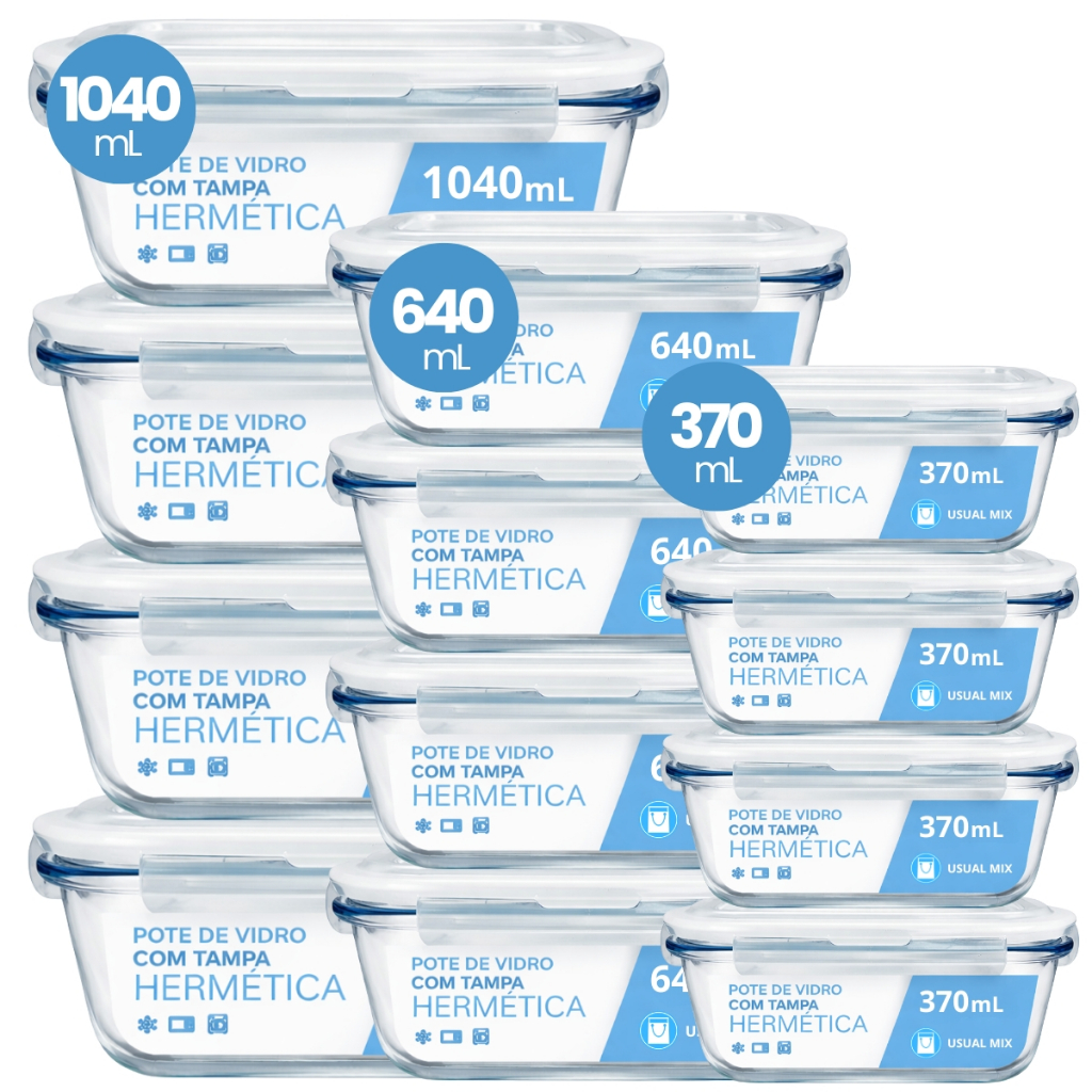 Kit Pote Vidro Hermético Marmita 3 Tamanhos 1040ml 640ml 370ml Micro-ondas Freezer Forno Organização Geladeira