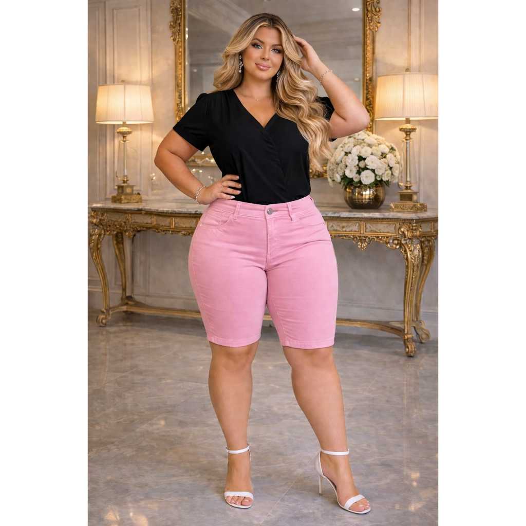 Bermuda Feminina PLUS SIZE ROSA Cintura Alta com Lycra Modelagem Com Pinça