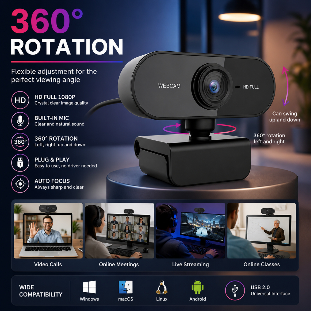 Webcam Câmera Computador Full HD 1080x1920p 2MP USB Plug Play Microfone Embutido