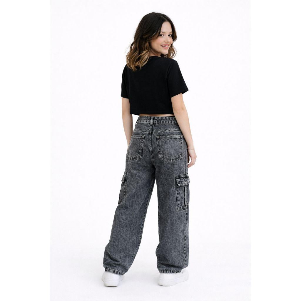 Detalhes do Calça Jeans Infantil Menina Wide Leg Cargo Alta Larga Pantalona Preto Grafite