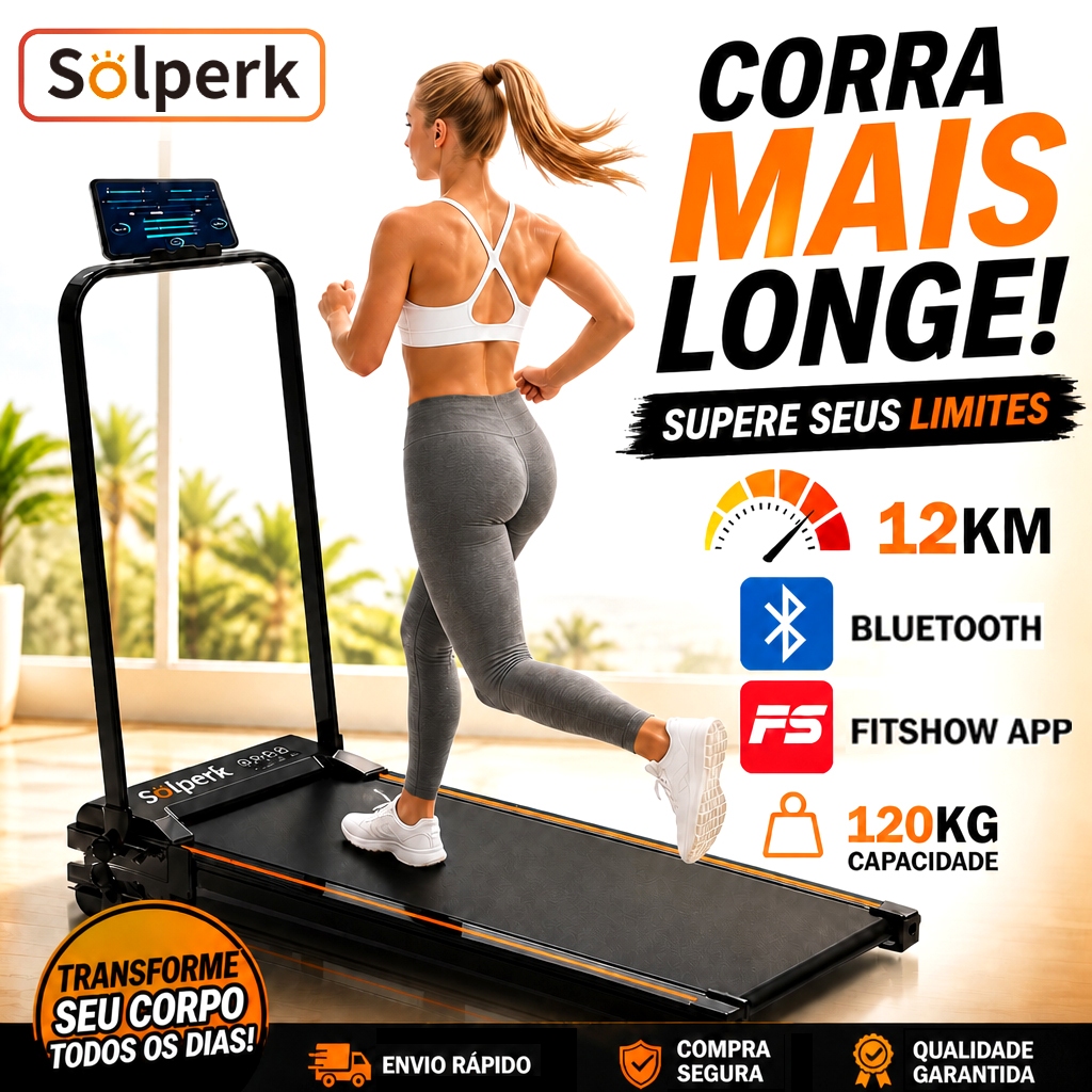 Solperk Esteira Elétrica Ergométrica Dobrável 2.0HP Silenciosa 12km/h Suporta 120kg 110V/220V Para Casa e Apartamento
