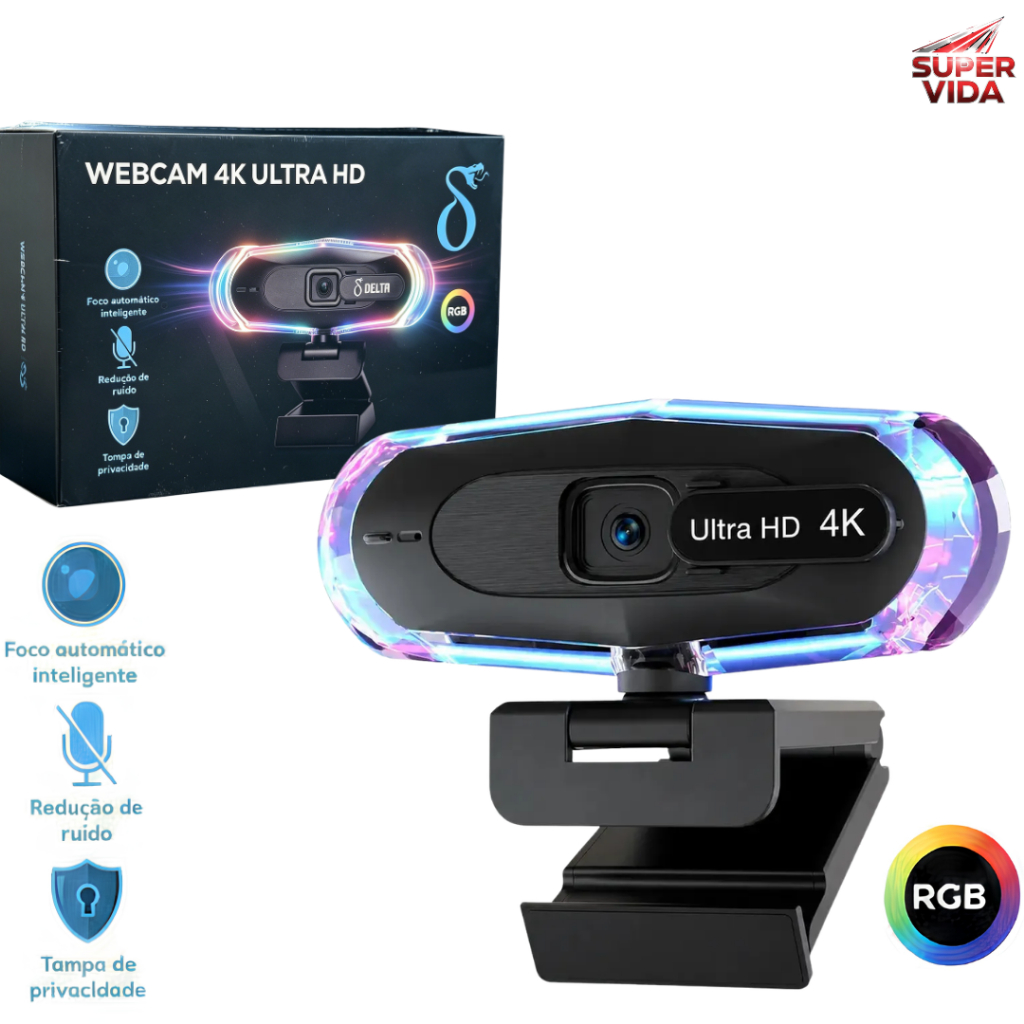 Webcam 4K Ultra HD 3840x2160 RGB com Foco Automático e Tampa de Privacidade para Lives e Reuniões