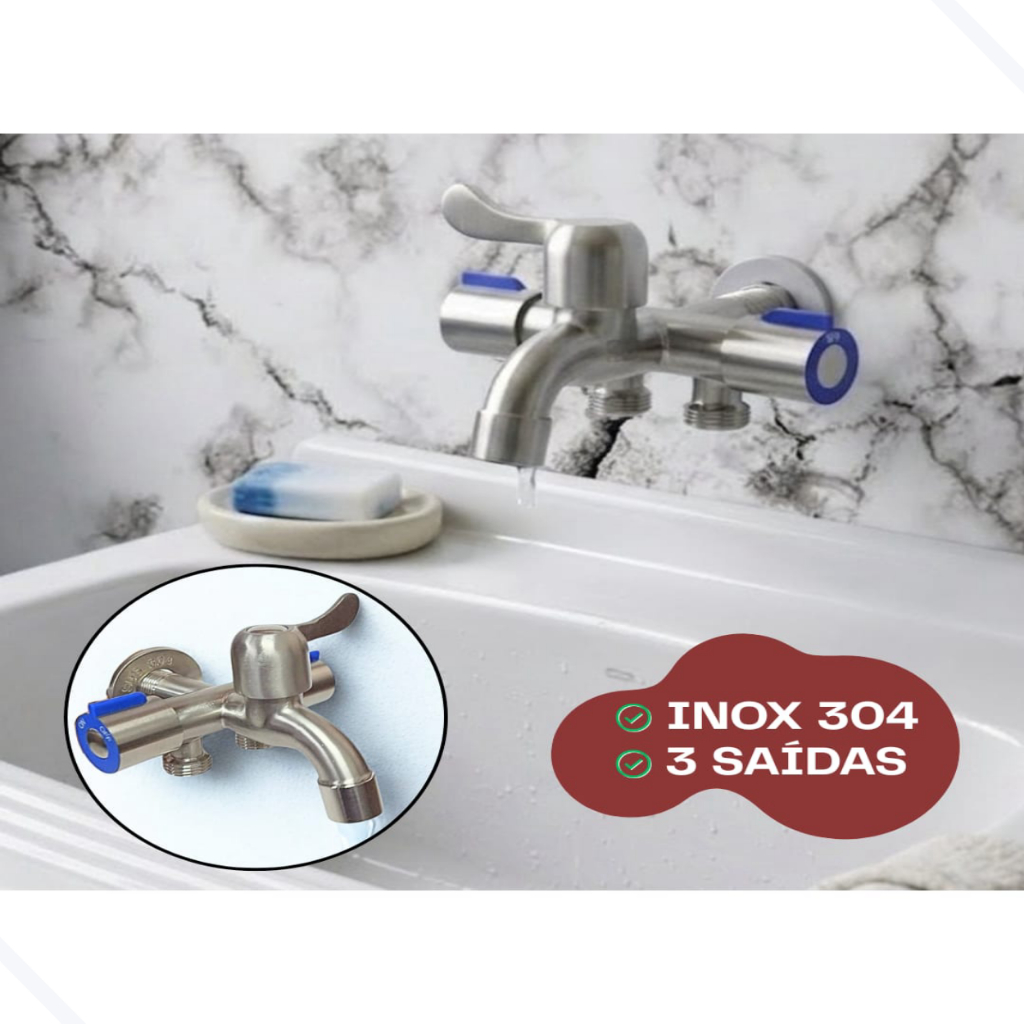 Torneira 3 Saídas Inox Maquina de Lavar Tanque Lava Louças 1/2 pol lavanderia torneira dupla tanquinho