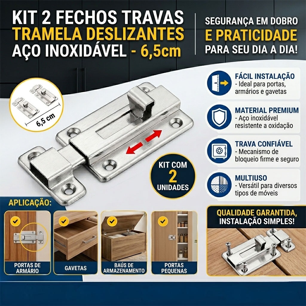 Kit 2 Fechos Travas Tramela Deslizantes de Aço Inoxidável para Porta Armário  6,5cm Fechadura