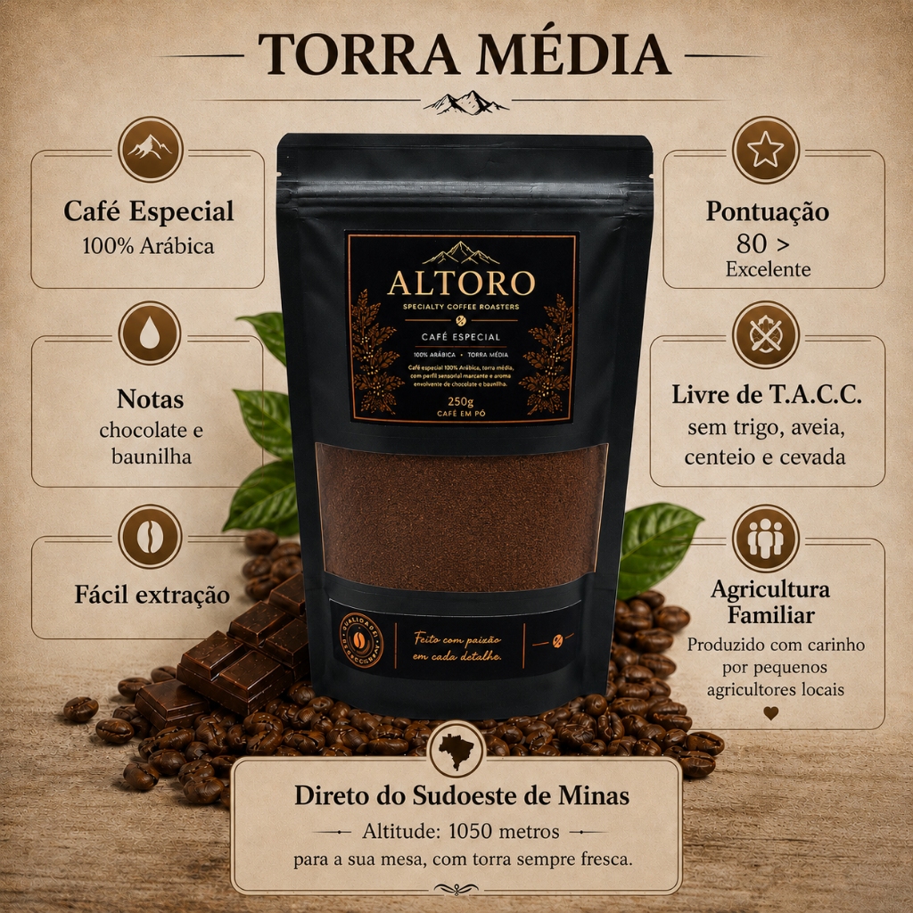 Café Moído Gourmet Especial Altoro 250g 100% Arábica Torra Média 83 Pontos