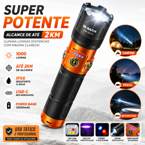 Lanterna LED Super Potente 1000 Lúmens Recarregável USB com Zoom Longo Alcance até 2km