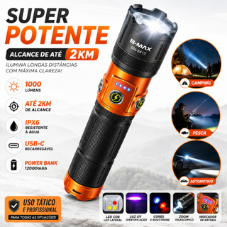 Lanterna LED Super Potente 1000 Lúmens Recarregável USB com Zoom Longo Alcance até 2km