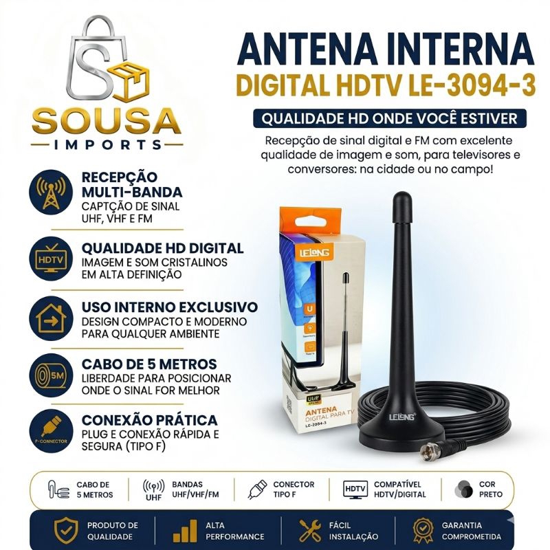 Antena Interna Digital Lelong LE-3094-3 UHF/VHF Cabo 5m Base Magnética