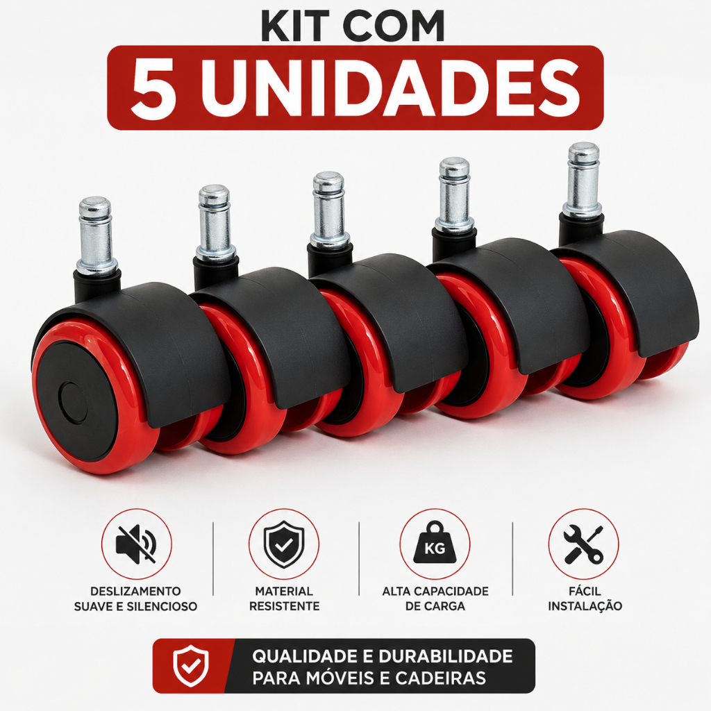 Rodinhas Vermelha Kit 5 Unidades 54mm PU Anti Risco para Cadeira Gamer e Escritório Giratória