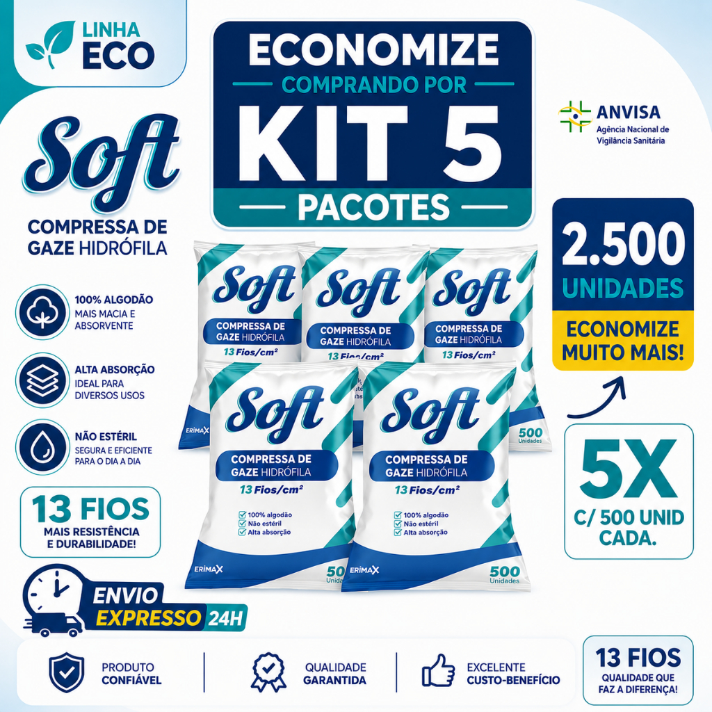 Kit 5 Compressa De Gaze 13 Fios 2500 Unidades Soft Hidrófila Gazes Descartável Anvisa