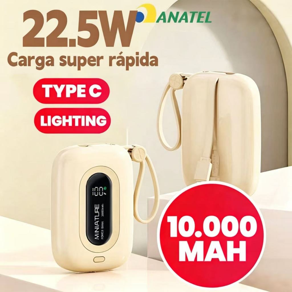 Carrega super rápido power bank de 10000 mAh com USB universal‌, compacto, portátil e com exibidor numérico SULAN