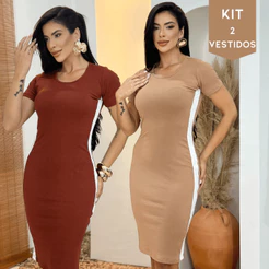 Kit 2 Vestidos Midi Femininos Malha Canelada Elegante Justo Tubinho Não Transparente