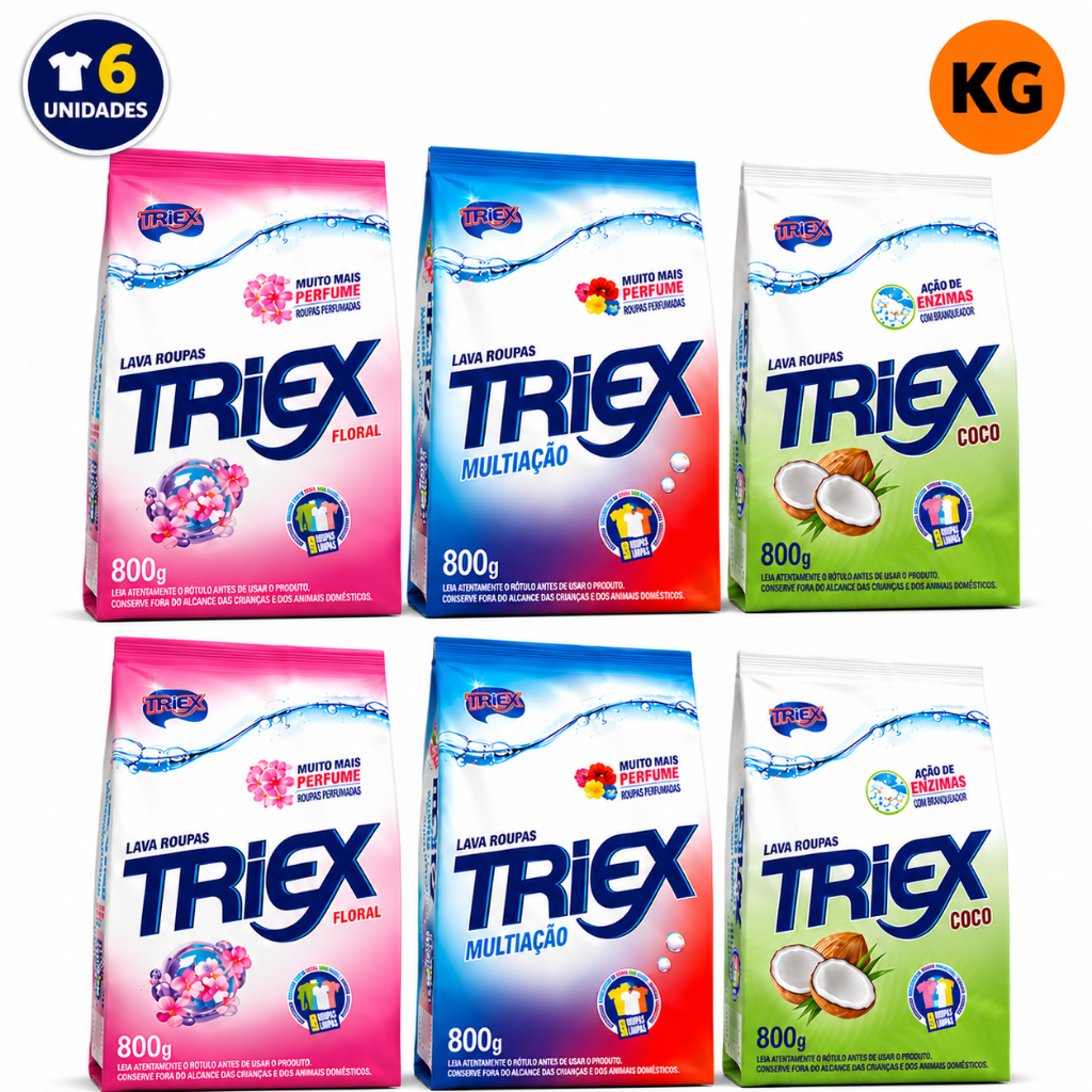 Kit Sabão em Pó TRIEX 800g - Multiação, Coco e Flowers (6 Unidades - Total 4,8kg)