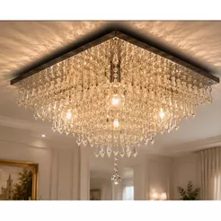 Lustre Cristal Acrílico 50x50 Inox Espelhado E27 Para Sala