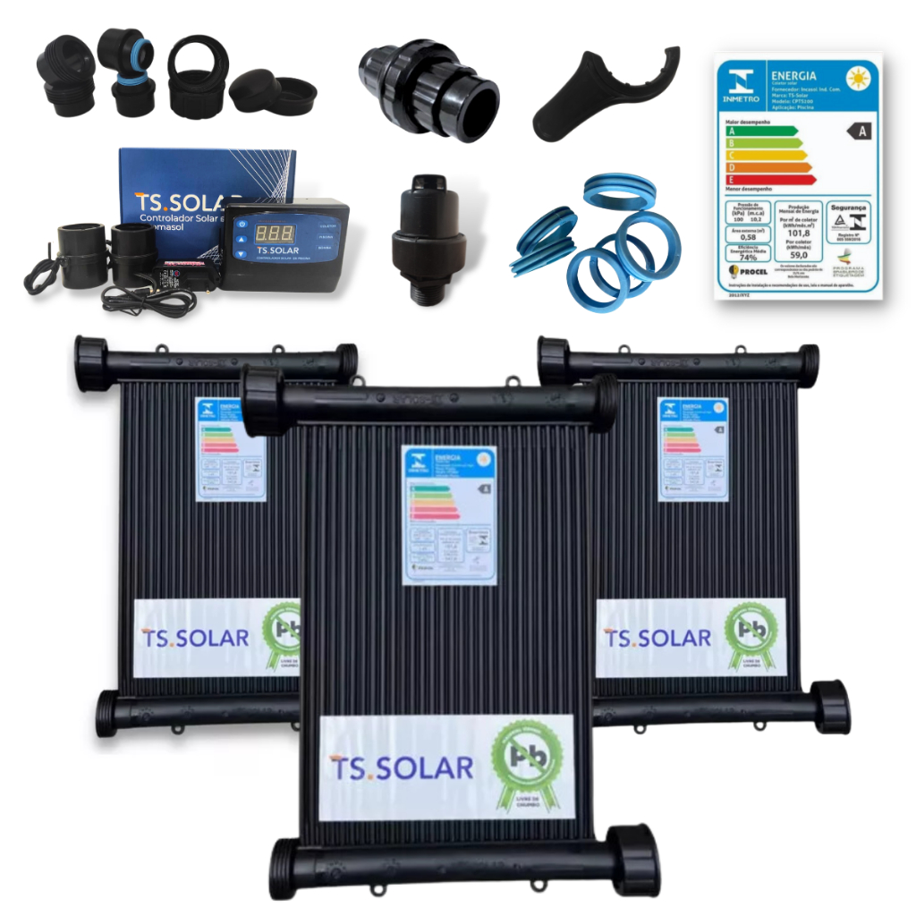 Aquecedor Solar Piscina Completo TS Solar 3 Placas 3m Kit Fechamento + Controlador Digital + Válvulas