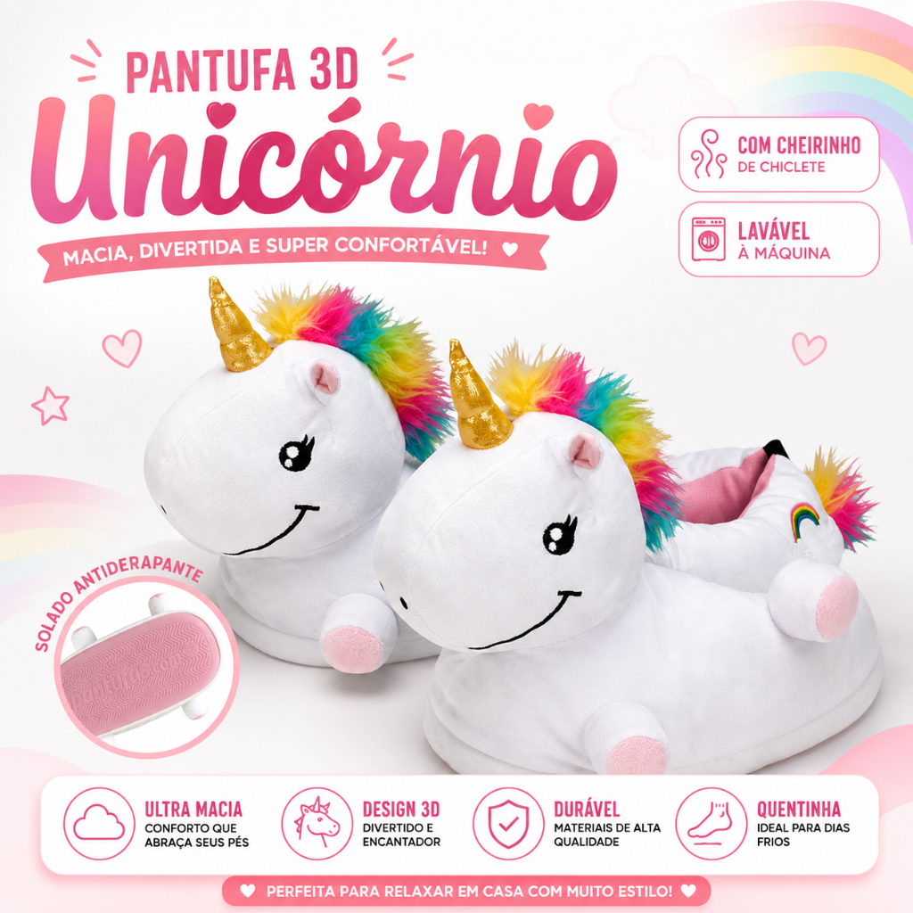 Pantufa 3D Unicórnio Importway Cheirinho de Chiclete Antiderrapante PP ao G