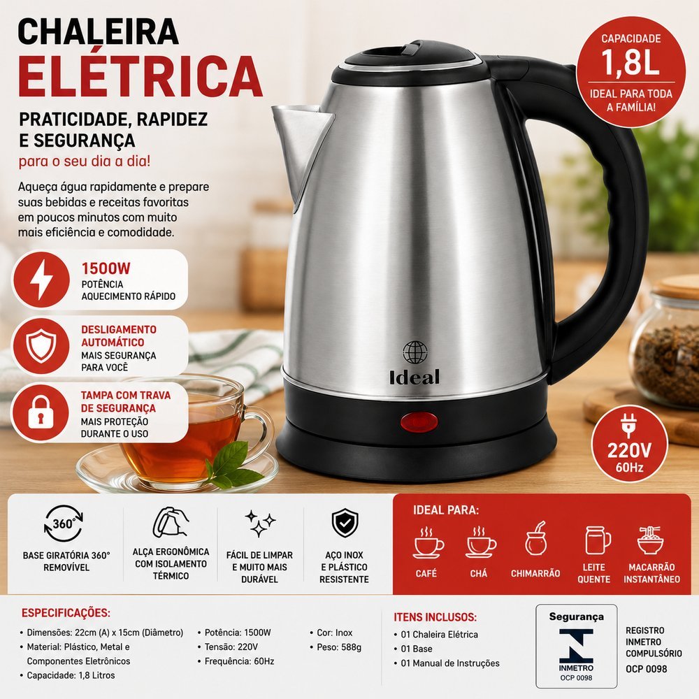 Chaleira Eletrica Inox 1.8 Litros  Aquecimento Rapido Potente Jarra De Agua Cafe Cha 220V127v Desligamento Automatico