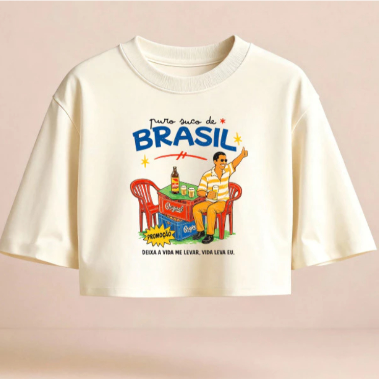 Cropped Oversized Brasil Feminino Estampado | Camiseta Streetwear Copa Verão Moda Brasileira Pagode Copo Americano Zeca