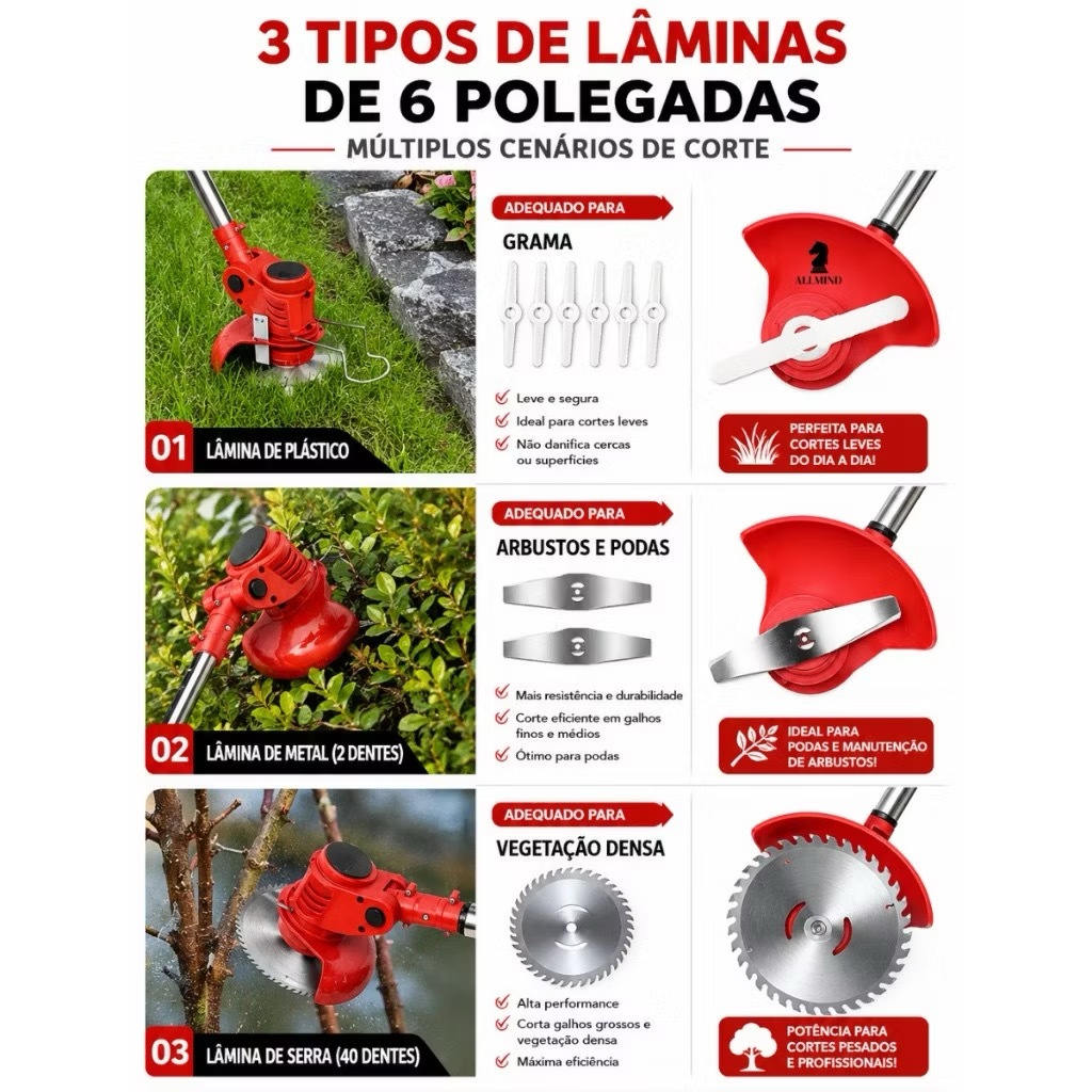 Aparador Cortador de Grama a Bateria Portatil 1580w Bipartido Multifunção Completo 48v — imagem 2 de 2