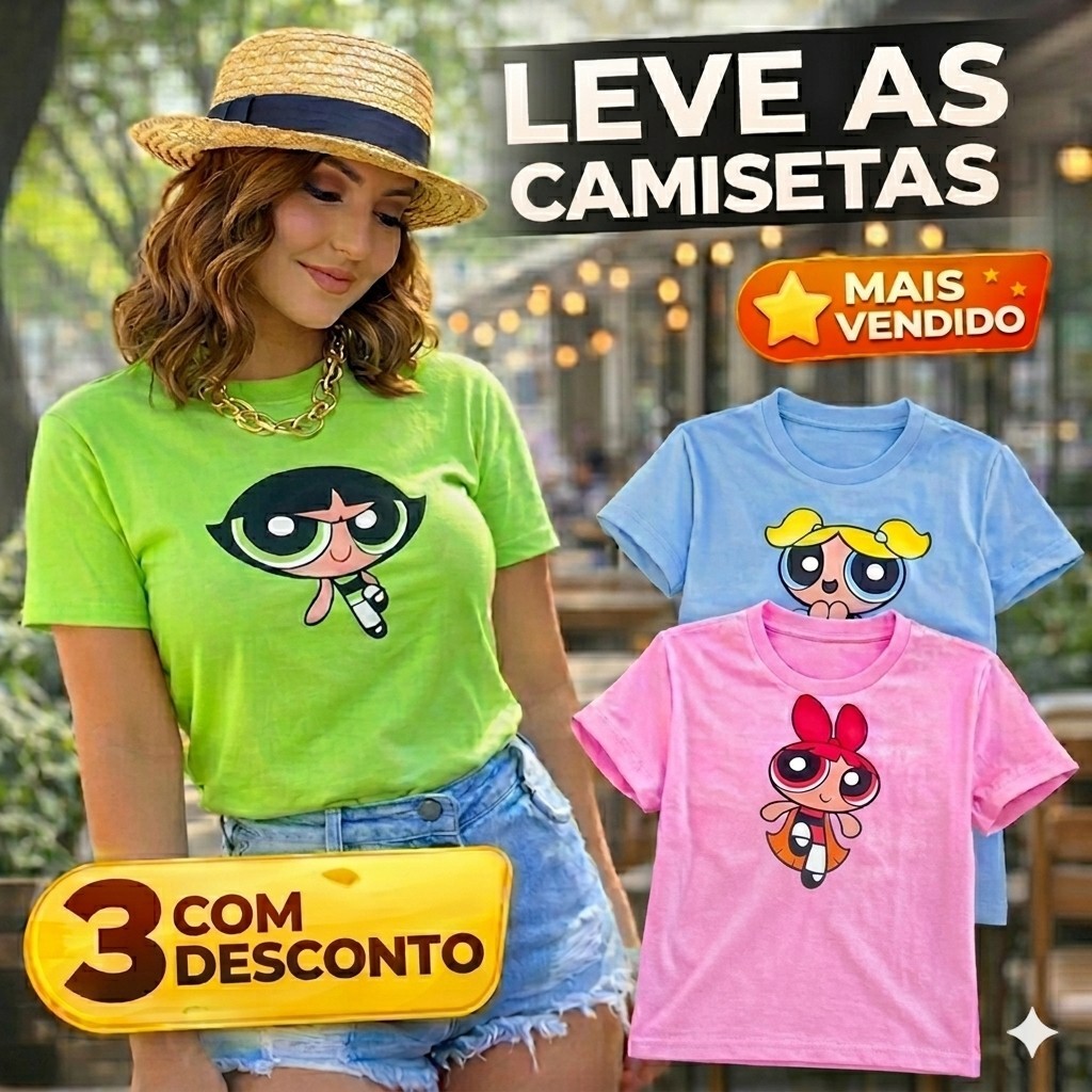 3 Blusinha Feminina Kit das Super Poderosas Lindinha Florzinha Docinho festa das cores Tshirt Blusa