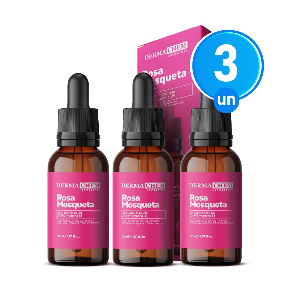 Kit 3 Sérum Facial Rosa Mosqueta 30ml Hidratação Renovação e Clareamento da Pele Dermachem