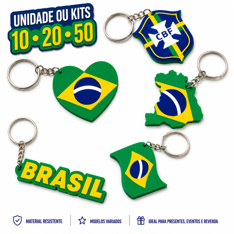 Chaveiro do Brasil Copa do Mundo 2026 | Vários Modelos | Kits com 10, 20 e 50 unidades