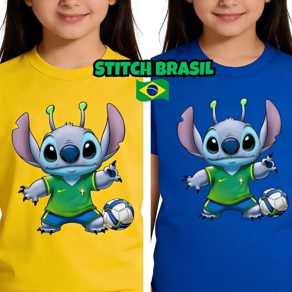 Camiseta Infantil Stitch Brasil Futebol Brasileiro Copa Amarela  Camisa Divertida Kids Unissex Personagem Fofo do 6 ao G