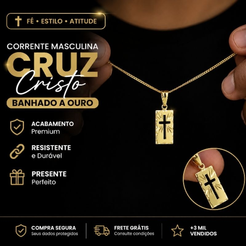 Corrente Cordão Masculino Banhado A Ouro Ping Plaquinha Cruz Cristo religioso — imagem 2 de 2