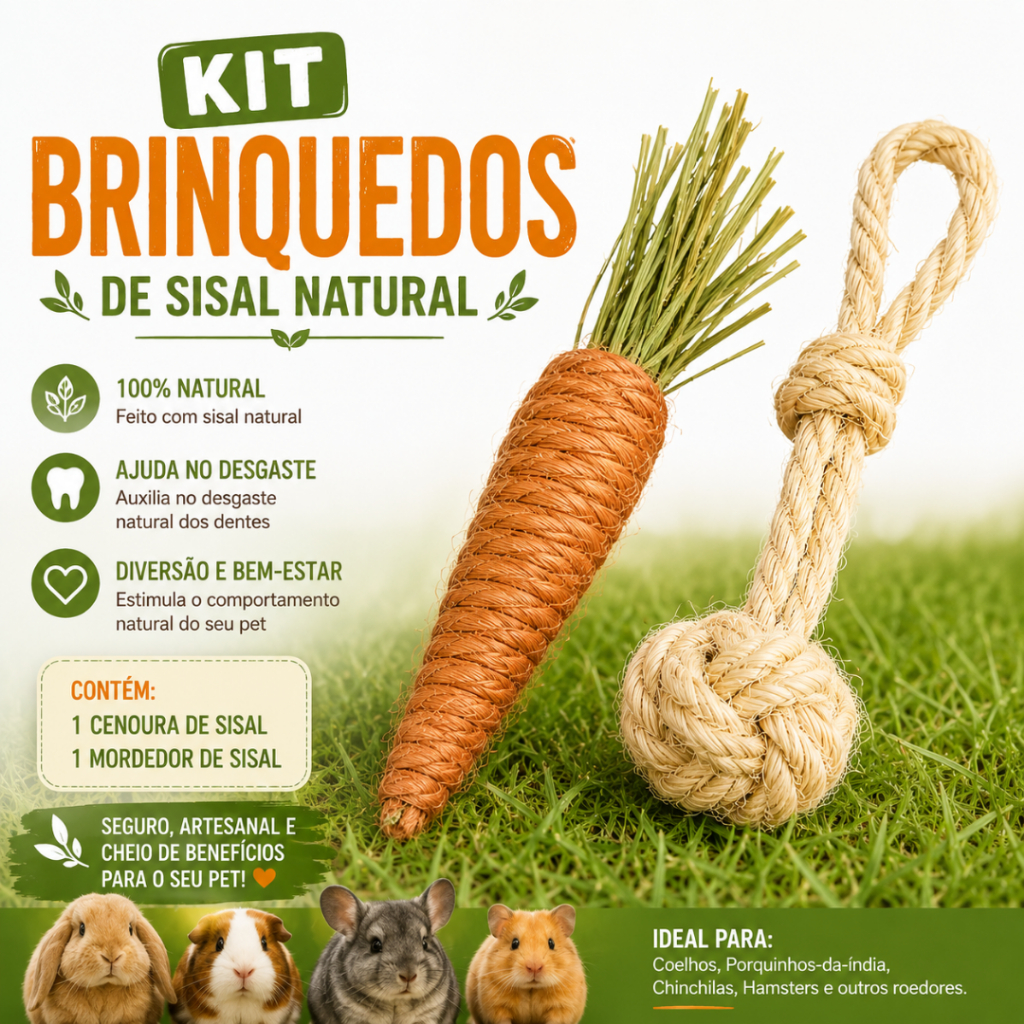 Kit 2 Brinquedos de Sisal Natural P/ Coelho Hamster Chinchila Porquinho-da-Índia Roedores