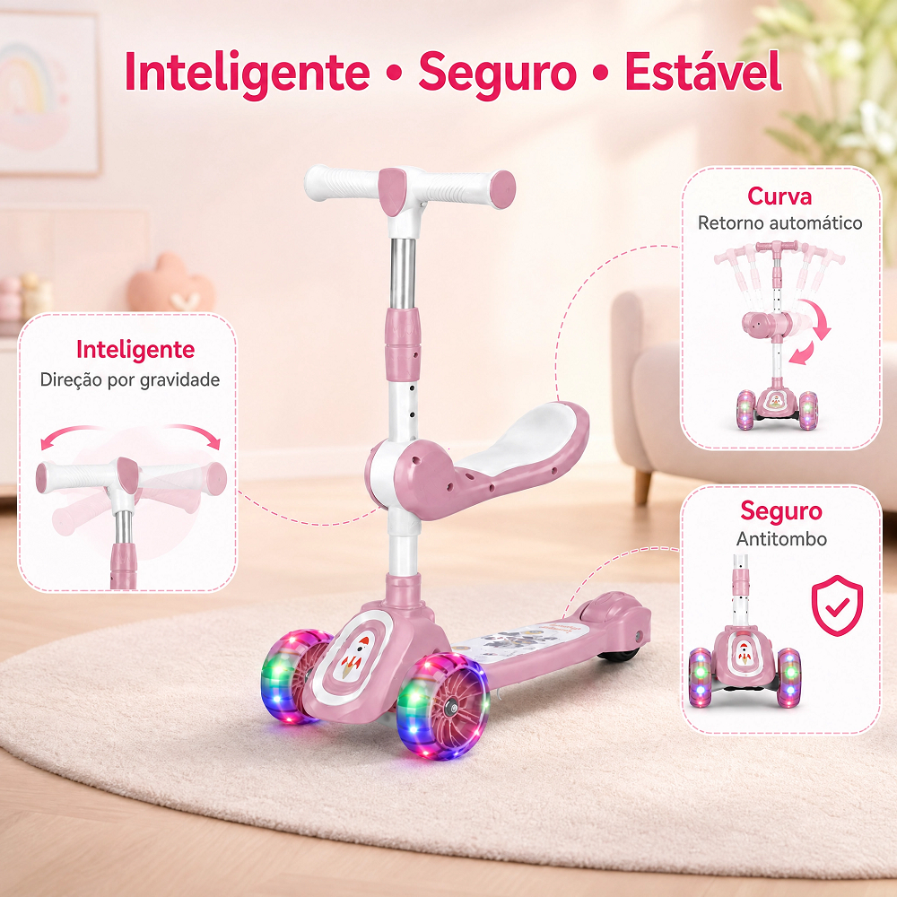 Patinete Infantil com Led Som Dobravel e Guidão Ajustável e Seguro até 60Kg Menino Menina