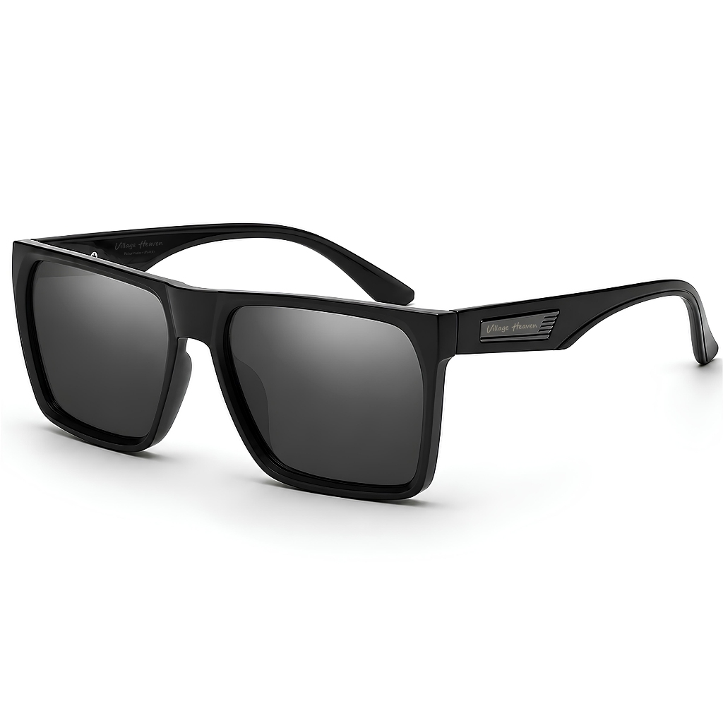 Óculos de Sol Masculino Polarizado Proteção UV400 Formato Quadrado Para Rosto Redondo Preto Fosco Casual VH 1415