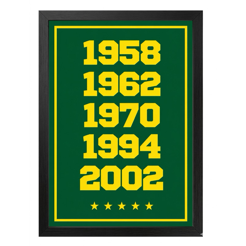 Quadro Brasil Pentacampeão Mundial – Seleção Brasileira CBF Copa do Mundo Com Moldura Brasil Retro Decoração Futebol