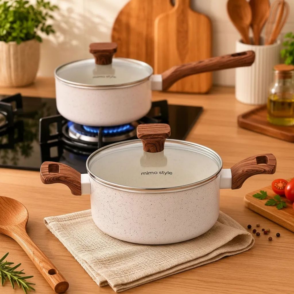 Kit 2 Panelas Grande Caçarola Antiaderente Cerâmica Indução Fogão Elétrico Tampa De Vidro Saída Vapor Cozimento Cook Top