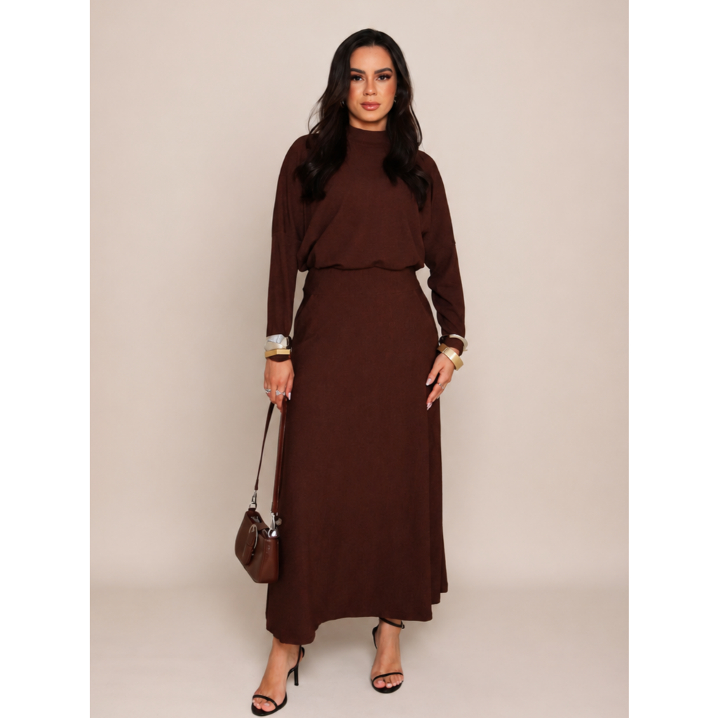 Conjunto Saia Midi Blusa Gola Alta Malha Pucker Premium Manga Longa Cintura Elástica Despojado Elegante Evangélico