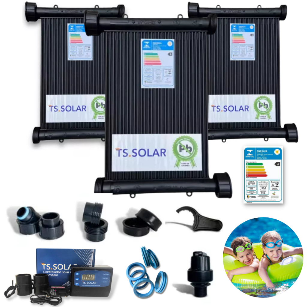 Aquecedor Solar Piscina Completo TS Solar 3 Placas 3m Kit Fechamento + Controlador Digital + Válvula Quebra-Vácuo