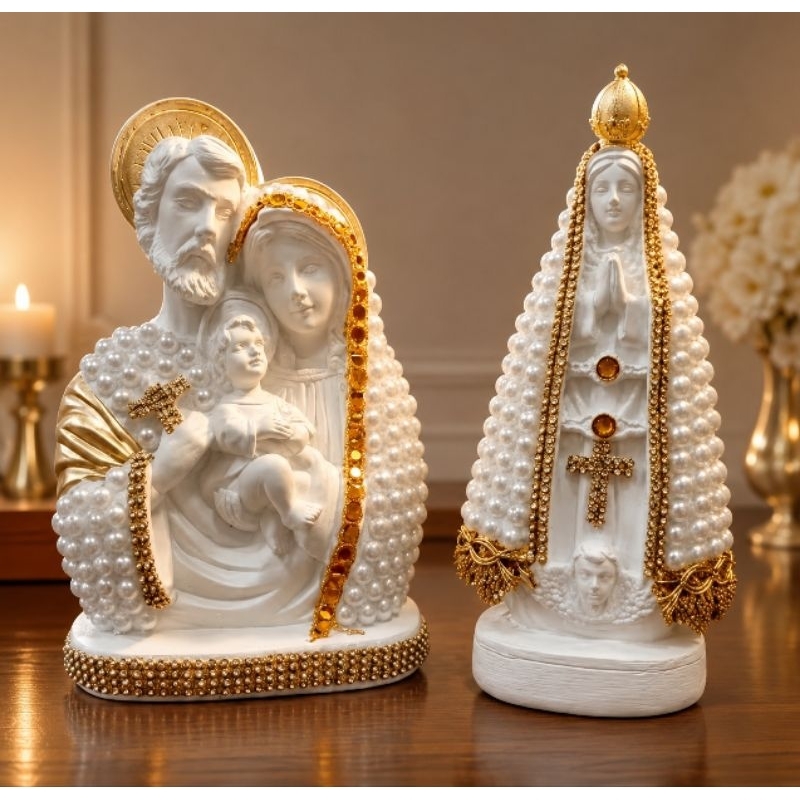 Kit Imagens Religiosas Nossa Senhora Aparecida e Sagrada Família Decorada Pérolas Luxo