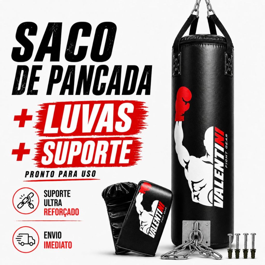 Saco de Pancada VALENTINI 120cm - Treino Boxe Muay Thai + 1 Luva Bate Saco Preta+suporte de teto
